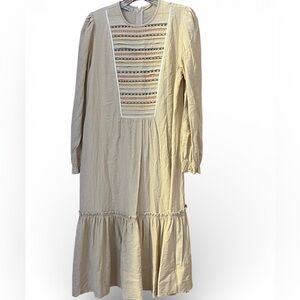 Bohemian Cream Long Balloon Sleeves Dress with Embroidered Yolk Cottage Prarie